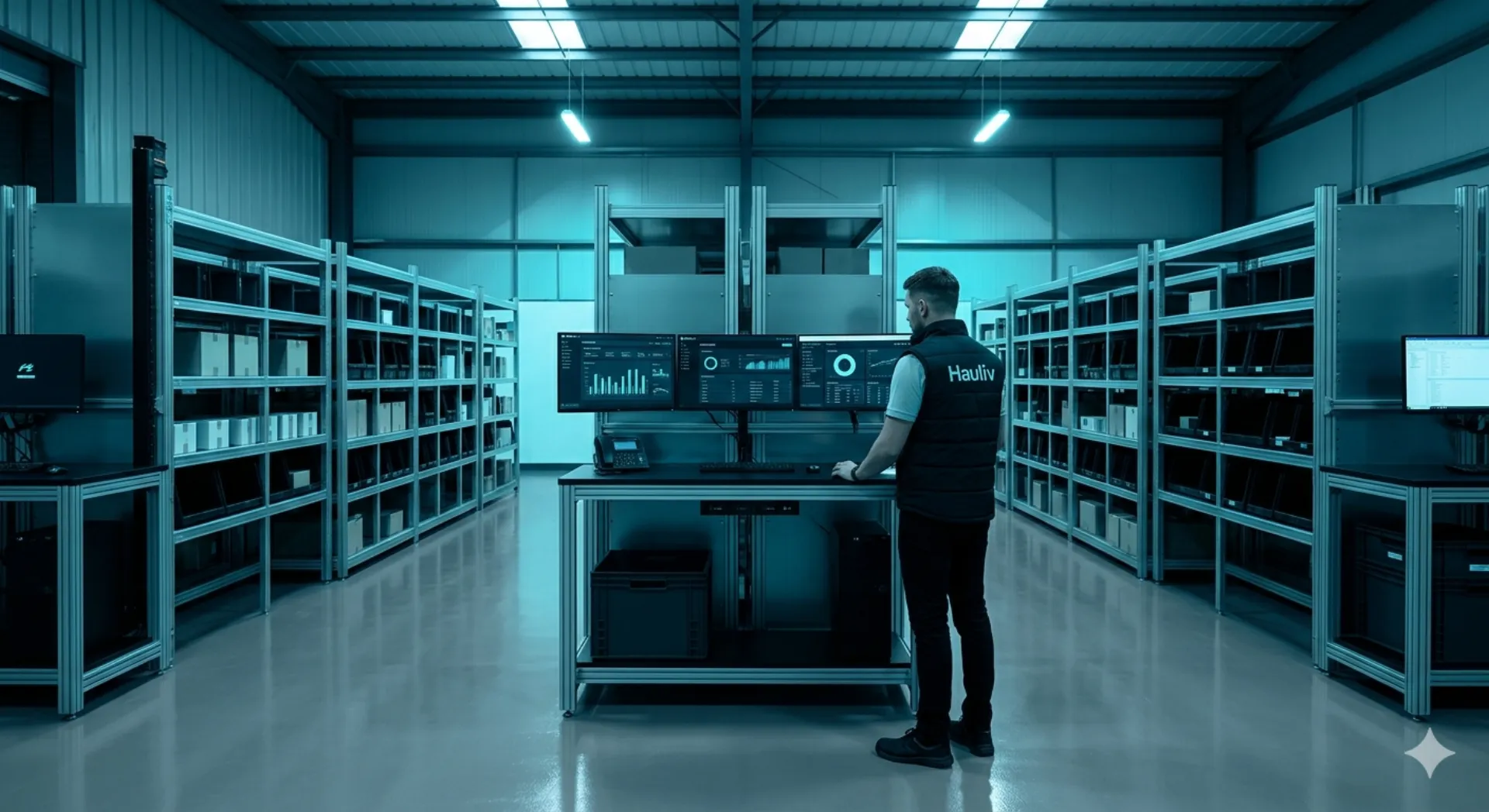 Inside the Hauliv Stockport Mother Hub: worker at data command station surrounded by organized shelving and digital displays